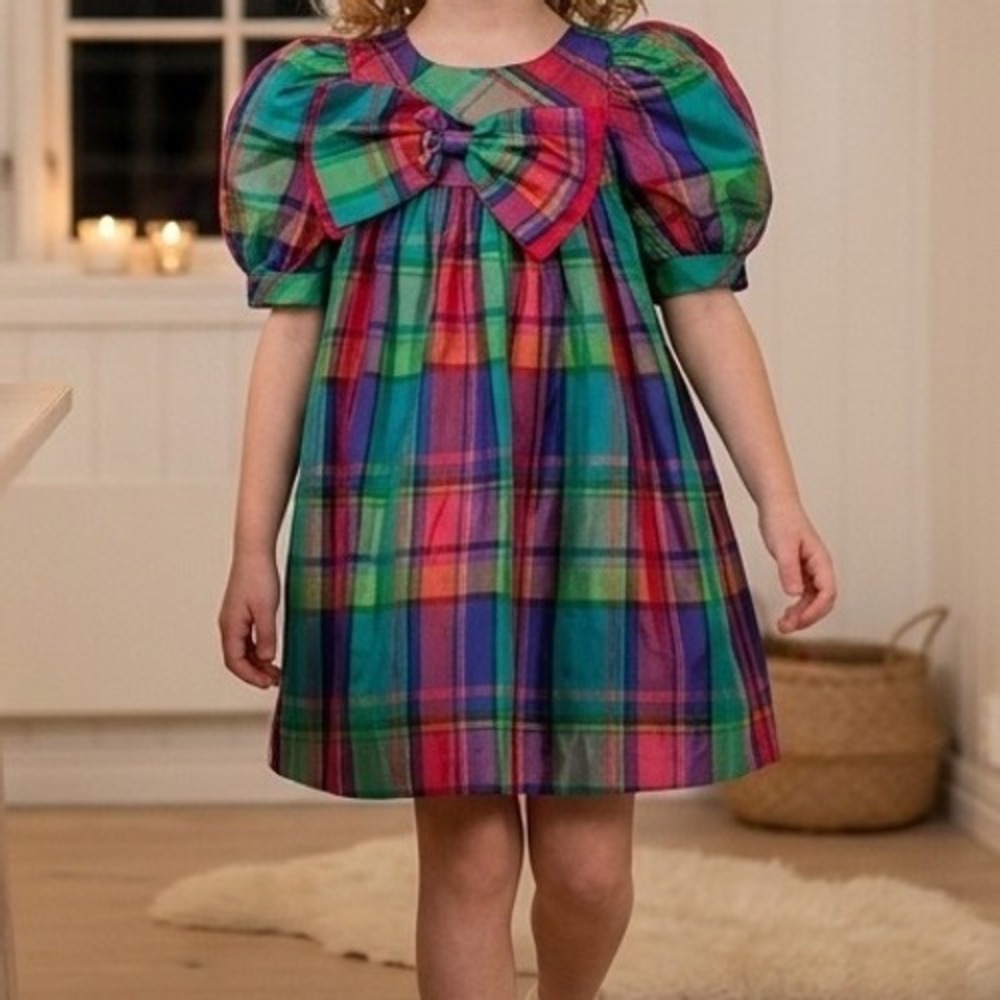Storybook Heirlooms Girls Plaid Taffeta Holiday Dress Puff Sleeve Bow Vintage 4T